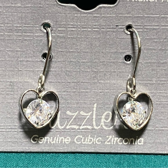 HEART Shaped Earrings with Genuine Cubic Zirconia, Nickel Free, Silver - Picture 2 of 6